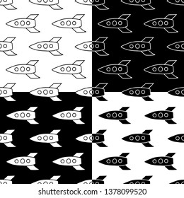 Cute cartoon space pattern set with hand drawn rockets. Sweet vector black and white space pattern set. Seamless monochrome doodle space pattern set for textile, wallpapers, wrapping and web.