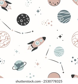 Cute cartoon space and rocket seamless pattern. Creative kids texture for fabric, textile, wallpaper, wrapping, kids apparel, baby  product. Vector illustration