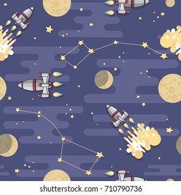 Cute Cartoon  Space rocket, star, planet and moon on blue background. Vector celestial seamless pattern. 