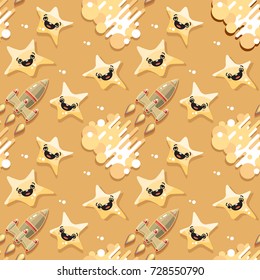 Cute Cartoon Space rocket and star on yellow background. Vector celestial seamless pattern.