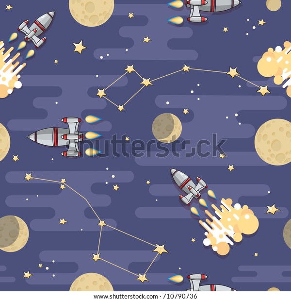 Cute Cartoon  Space\
rocket, star, planet and moon on blue background. Vector celestial\
seamless pattern. 