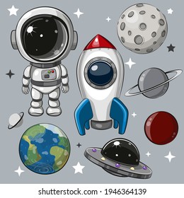 Cute Cartoon Space Set Of Astronaut, Rocket And Planets