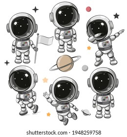 Cute Cartoon space set of astronaut isolated on a white background