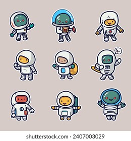 Espacio corto de caricatura conjunto de astronautas aislados en un fondo, pegatina lindo parche aislado.PNG