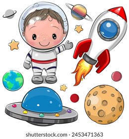 Cute Cartoon space set of astronaut, rocket and planets