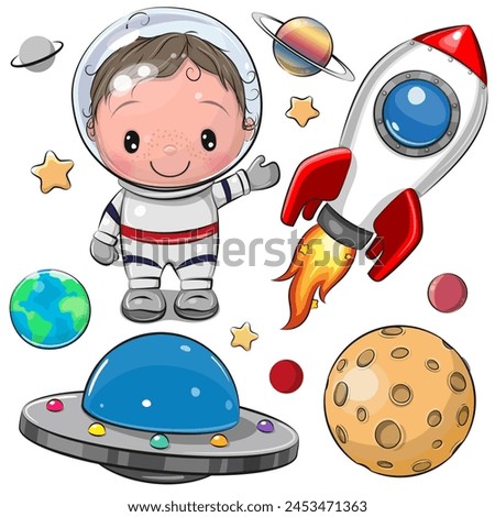 Cute Cartoon space set of astronaut, rocket and planets