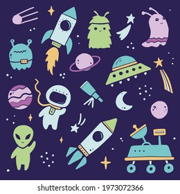 Cute cartoon Space set, rocket, astronaut, planet, ufo, alien. Hand drawn kids style vector illustration. Space adventure, space explorer, technology, spaceship concept.