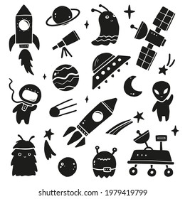 Cute cartoon Space set, rocket, astronaut, planet, ufo, alien. Hand drawn black silhouette style vector illustration. Space adventure, space explorer, technology, spaceship concept.