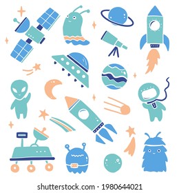Cute cartoon Space set, rocket, astronaut, planet, ufo, alien. Hand drawn kids style vector illustration. Space adventure, space explorer, technology, spaceship concept.