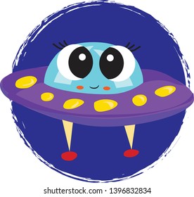 Cute cartoon space ship vector illustration on circle background