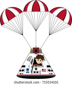 Cute Cartoon Spaceman Astronaut And Lunar Capsule