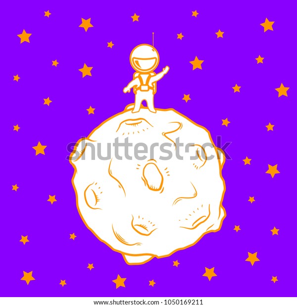 Cute cartoon\
spaceman discover the moon with craters and stars in the night sky.\
Flat drawn vector\
background