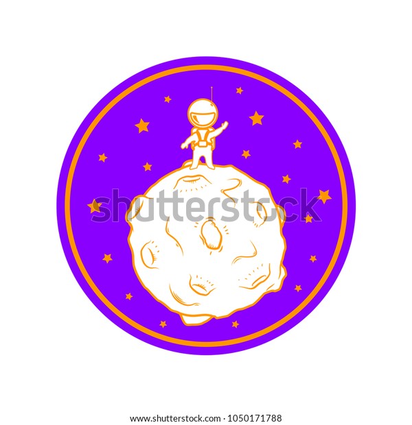 Cute cartoon\
spaceman discover the moon with craters and stars in the night sky.\
Flat drawn vector circle\
logo
