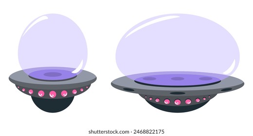 Bonita nave espacial de dibujos animados. Divertida ilustración plana de la nave espacial OVNI. Vector aislado sobre fondo blanco.