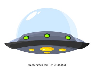 Cute cartoon spaceship. Funny flat UFO spaceship illustration. Vector isolated on white background.