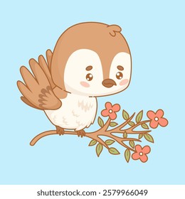 Cute cartoon sparrow on blooming branch. Funny kawaii character little bird. Vector illustration. Kids collection