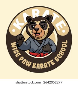 Cute cartoon Spectacled Bear in martial arts poses wearing karate uniforms. Fun and dynamic illustration perfect for kids, sports, and character design themes