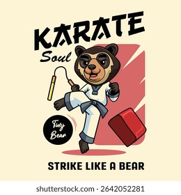 Cute cartoon Spectacled Bear in martial arts poses wearing karate uniforms. Fun and dynamic illustration perfect for kids, sports, and character design themes