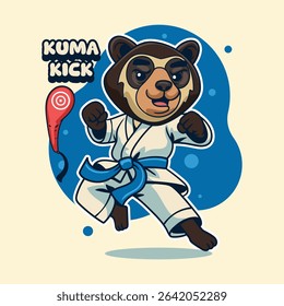 Cute cartoon Spectacled Bear in martial arts poses wearing karate uniforms. Fun and dynamic illustration perfect for kids, sports, and character design themes