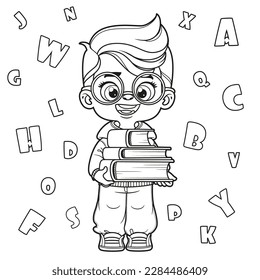 Cute cartoon spectacled boy holding the stack of books outlined for coloring page on a white background