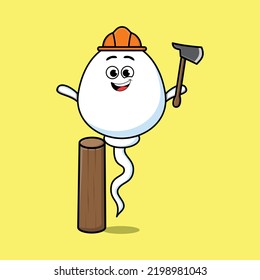 Cute Cartoon Sperm As Carpenter Character With Ax And Wood In Flat Modern Style Design