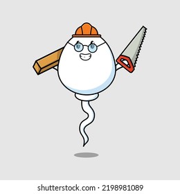 Cute Cartoon Sperm As Carpenter Character With Saw And Wood In Flat Modern Style Design