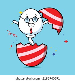 Cute cartoon sperm character coming out from easter egg look so happy in illustration cartoon style