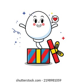 Cute cartoon sperm character coming out from big gift box look so happy in flat cartoon style