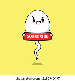Cute cartoon sperm character holding red subscribe board
