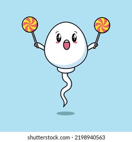 Cute cartoon sperm character holding lollipop candy in flat cartoon style illustration