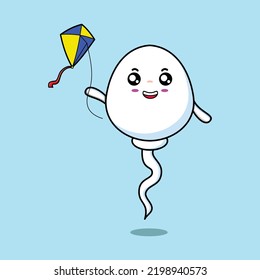 Cute cartoon sperm character playing kite flaying cartoon icon vector illustration