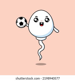 Cute cartoon sperm character playing football in concept flat cartoon style illustration