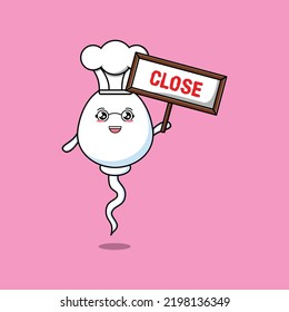 Cute cartoon sperm chef character holding close sign board designs in concept flat cartoon style