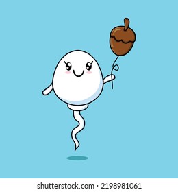 Cute cartoon sperm floating with acorn balloon cartoon vector illustration