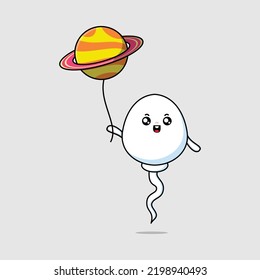 Cute cartoon sperm floating with planet balloon cartoon vector illustration