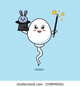 cute cartoon sperm magician character with bunny character coming out from magic hat