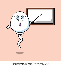 Cute cartoon sperm teacher character teaching with whiteboard in flat cartoon style concept