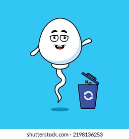 Cute cartoon sperm throwing trash in the trash in flat modern style design