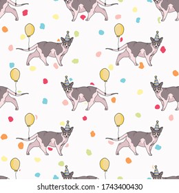 Cute cartoon sphynx cat with party hat seamless vector pattern. Pedigree exotic kitty breed domestic kitten background. Cat lover celebration all over print. Hairless feline EPS 10. 