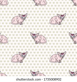 Cute cartoon sphynx kitten with pink bow seamless vector pattern. Pedigree exotic kitty breed domestic cat background. Cat lover black Asian purebred all over print. Hairless feline EPS 10. 