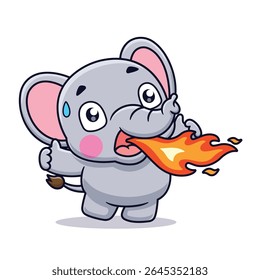 Cute Cartoon Spicy Elephant Emitting Fire Vector Icon Illustration. Animals Food Drink. Icon Concept Isolated Premium Vector. Flat Cartoon Style