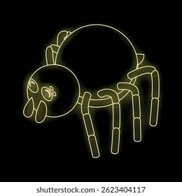 Cute cartoon spider with big eyes drawn with yellow neon light, on a black background