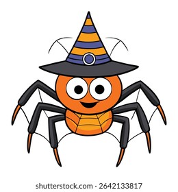 A cute cartoon spider with big eyes and a pointy witch hat dangles from a silky thread, casting tiny spells and spooky giggles—perfect for Halloween fun!
