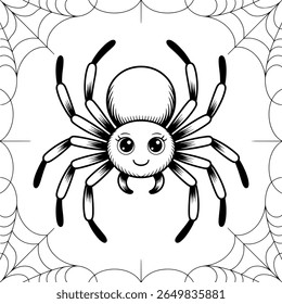 Cute cartoon spider with friendly eyes and fangs surrounded by a spiderweb silhouette