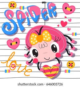 Cute cartoon spider girl wearing a bow and holding heart for valentine's day her hanging on lined background illustration vector.