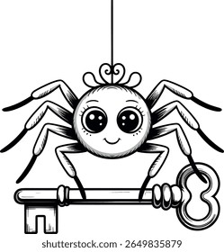 Bela aranha desenho animado pendurado com uma silhueta chave vintage