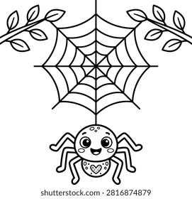 A cute cartoon spider hanging from a web with leafy branches, designed as a fun Halloween coloer page for children to color and enjoy during the spooky holiday season.