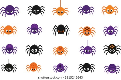 Cute Cartoon Spider Icon Collection Set with Funny Halloween Spider Characters in Flat Vector Style Isolated on White Background
