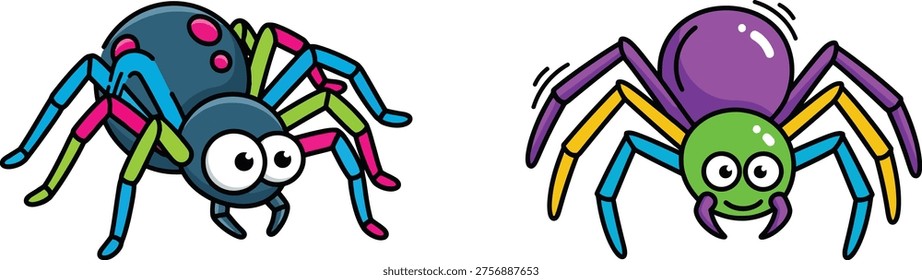 Cute Cartoon Spider Illustration Set, Colorful Funny Arachnid Characters with Big Eyes, Playful Insect Icons Isolated on White Background