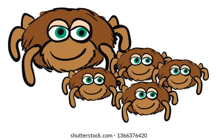 Cute cartoon of a spider mom with her four spider children vector illustration on white background